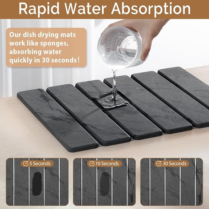 Small Stone Dish Drying Mat for Kitchen Counter, 2 PCS 16"×12" & 8"x4" Quick Dry Stone Mats, Foldable Water Absorbing Diatomaceous Earth Drying Dish Pad for Countertop Bottles Utensils Cups(Dark Gray)
