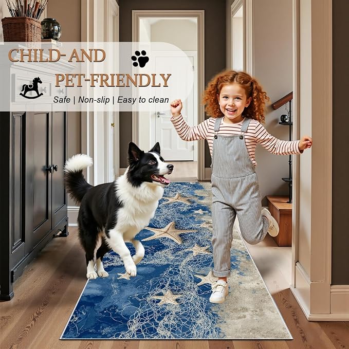 Summer Seaside Hallway Runner Rug 4x10 - Starfish Fishing Net Washable Non Slip Runners Rug, Sea Beach Soft Low Pile Ktichen Rugs for Entrance Corridor Living Room Bedroom