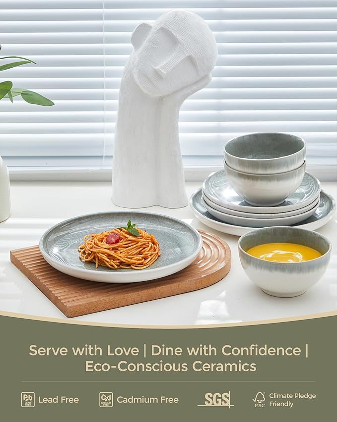 Pokini Ceramic Dinnerware Sets for 6, 18 Pieces Stoneware Plates and Bowls Sets, Chip and Stain Resistant Modern Dishes, Dishwasher & Microwave Safe Dinner Set, Gradient Green