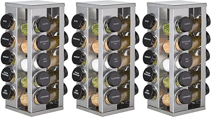 Kamenstein 20 Jar Heritage Revolving Countertop Spice Rack Organizer with Spices Included, FREE Spice Refills for 5 years, Brushed Stainless Steel with Black Caps (Pack of 3)