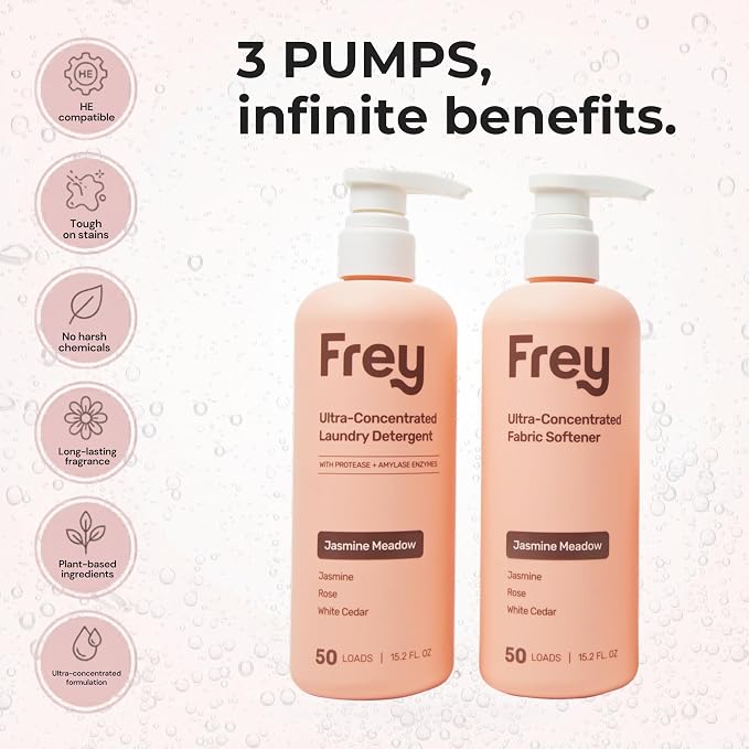 FREY Full Wash Laundry Care Bundle - Concentrated Liquid Laundry Detergent & Fabric Softener (Jasmine Meadow)