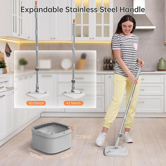 Spin Mop and Bucket Set with Self Separation Dirty and Clean Water System, Self Wringing 360° Rotating Square Mop Head for Home Floors Cleaning (1.0 Mop and Bucket Set (6 Pads))