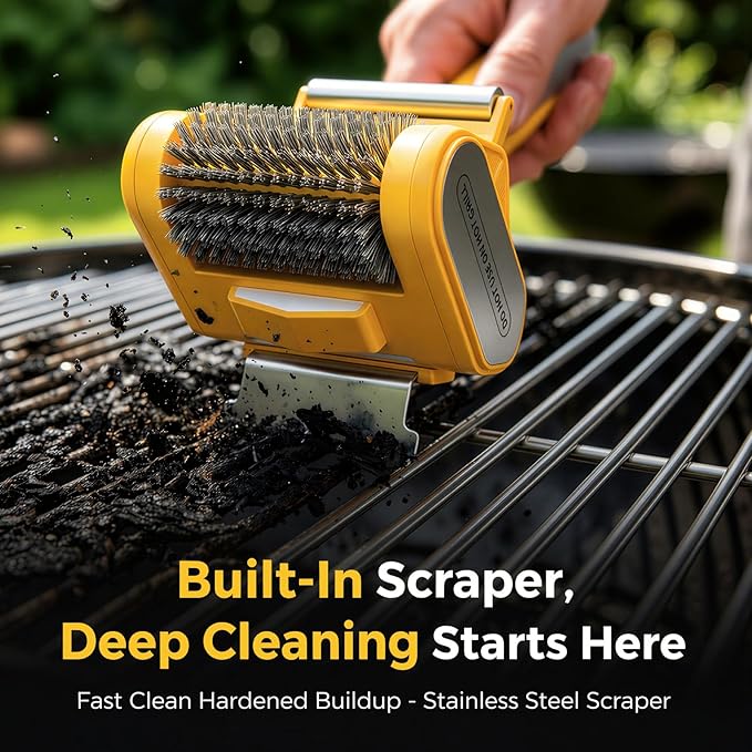 4000mAh Electric Grill Brush with Support Roller for Effortless Cleaning, 3-in-1 Cordless BBQ Cleaner with Scraper, Automatic Grill Brush & LED Light