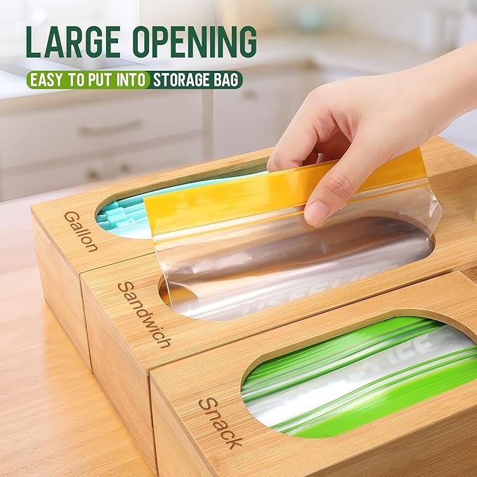 Reclosable Poly Bag Organizer for Kitchen Drawer, 5-Slot | Bamboo, 5 Independent Boxes, Slide Cutter, Magnetic Lid, Space-Saving Drawer Organizer