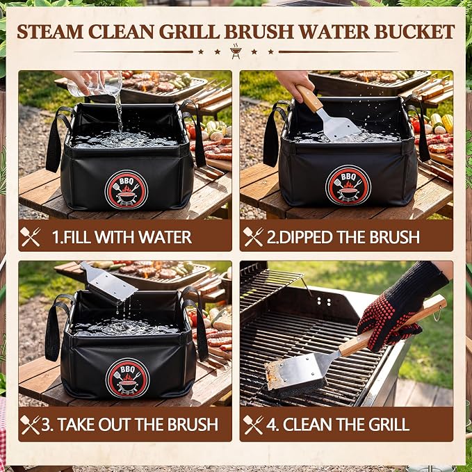Sawysine 6 Pcs BBQ Tool Set Bristle Free Cleaning Brush with 3 Replacement Heads, Heat Resistant Gloves, 15l Foldable Water Bucket for Outdoor Camping, Barbecue Cleanup, Party Supplies