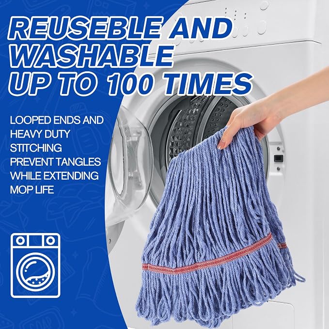 Eccliy 6 Pack Commercial Mop Heads Replacement Heavy Duty 18 oz Loop End Cotton String Wet Mop Refills Washable Absorbent Reusable for Industrial Home Tile Wood Concrete Floor (Blue,Red)