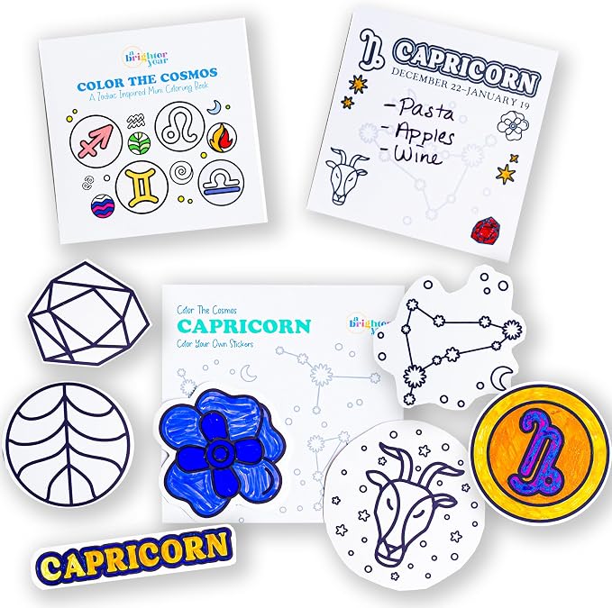 A Brighter Year Color The Cosmos Capricorn Gift Bundle - Adult Mini Coloring Book (3" x 3" - 50 Pages), Post It Notes (50-3” x 3”), Stickers - Stress & Anxiety Relief - Mindfulness, Gift, Travel