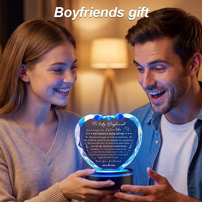 Gifts for Boyfriend with Colorful LED Base Unique Birthday Gift Ideas from Girlfriend Romantic Heart Crystal Keepsakes to My Anniversary Christmas Valentine Day