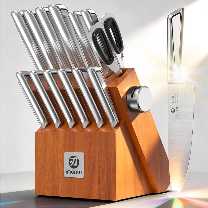 imarku High Carbon Stainless Steel Gyutou Knife Set with Block, Precision-Forged Razor Sharp 10–15° Edge, Ergonomic Non-Slip Handle, Built-in Sharpener, Brown, Best Gift Choice, Cooking Enthusiasts