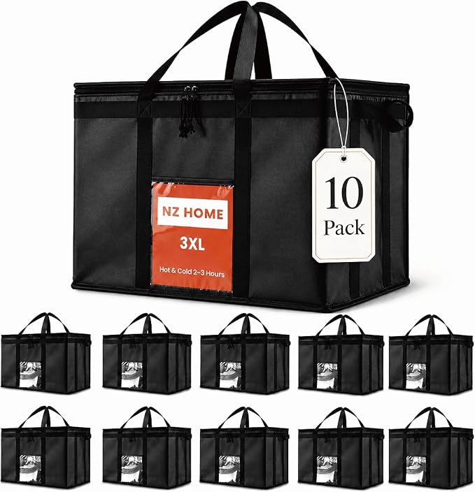 Insulated Food Bag, Portable Cooler Tote (3XL, Black, 10 Pack) | Large thermal bag, For cold & hot food, Soft sided cooler, Heavy duty carrier, Grocery shopping, Food delivery, Catering bag