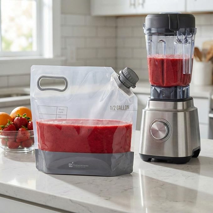 Restaurantware Cater Tek 1/2 Gallon Water Containers 10 Drink Bags - Collapsible Includes Tamper-Evident Caps Clear Plastic Beverage Bags For Catered Events Camping or Hiking Durable Handle