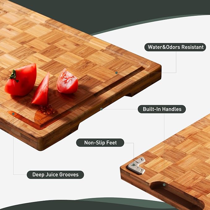 2 Pack Wooden Cutting Boards for Kitchen Bamboo Chopping Boards Non Toxic | Heavy Duty, End Grain, Non Slip, Cutting Board Set, Multiple Size, Solid Thick, Butcher Block, Wood Charcuterie Board