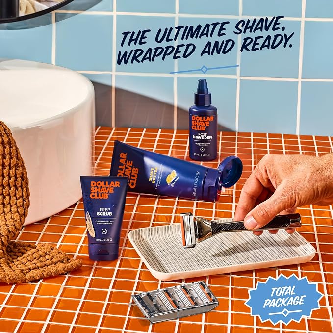 Dollar Shave Club | Total Package Gift Set | 4 Extra Close Refill Cartridges, 1 Heavy Metal Handle, 1 Prep Scrub 3 ounce, 1 Shave Butter 3 ounce, 1 Post Shave Dew 3.4 ounce, Razors for Men
