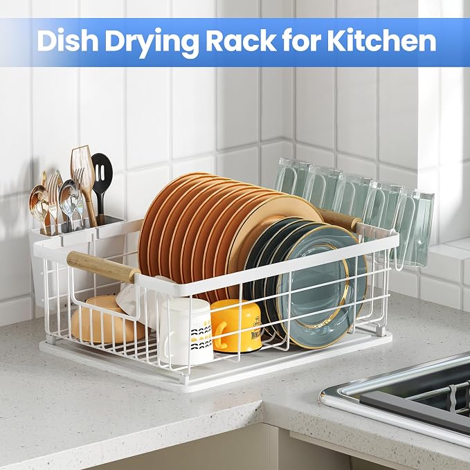 Dish Drying Rack White with Diatomaceous Earth No Installation Required | Space Saving with Cutlery Cups Holder