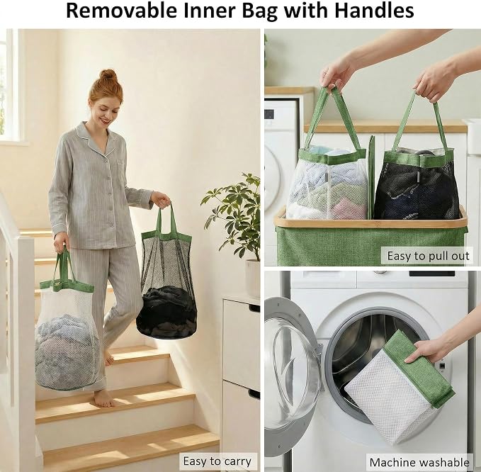 efluky Laundry Hamper with Lid, Double Laundry Basket with 2 Removable Bags, 2 Section Laundry Bin with Bamboo Handles for Bathroom, Bedroom & Laundry Room, 140L (36.9 Gallon) Sage Green