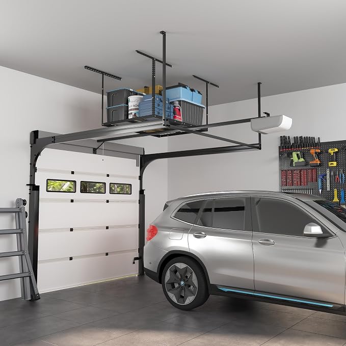 FLEXIMOUNTS 3x4 Overhead Garage Ceiling Storage Rack Organization, Black | 275lbs Weight Capacity, 22"-40" Adjustable Organization System, Heavy-Duty Metal Ceiling Racks, Classic Series