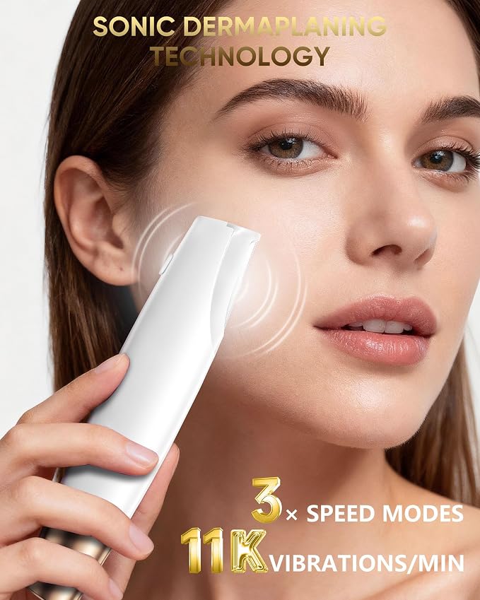 Dermaplane Razor for Women Face: Sonic Dermaplaning Tool for Silky Skin | Painless Electric Facial Exfoliation & Peach Fuzz Hair Removal with LED Light, 3 Speeds, Non-Irritating, 8 Blades (White)