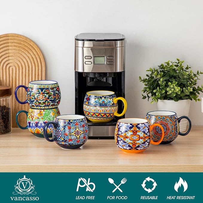 vancasso Coffee Mugs Set of 6, Coffee Cups Ceramic 18oz, Porcelain Coffee Mugs for Cappuccino, Latte, Espresso, Colorful Coffee Mugs with Handle, Rounded Boho Mugs, Microwave & Dishwasher Safe