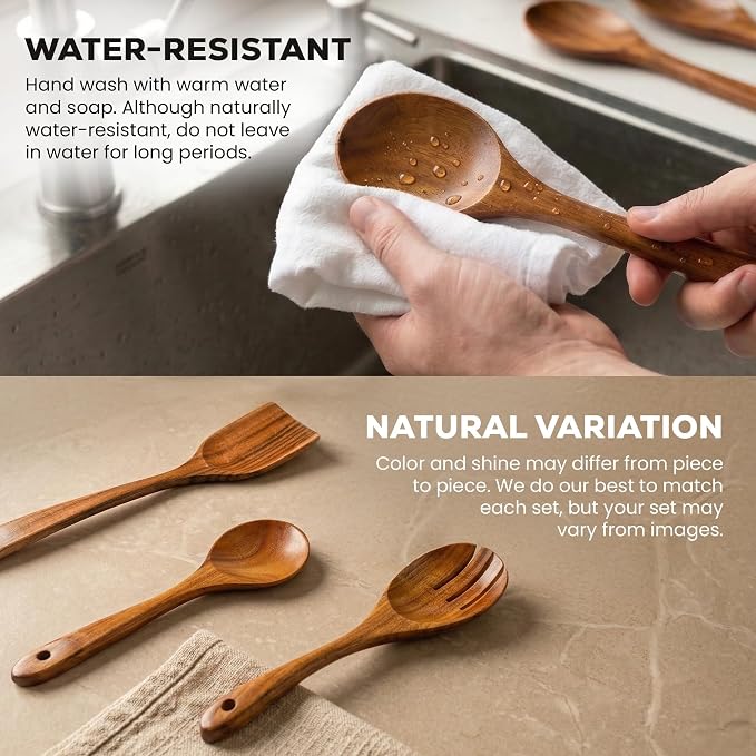Zulay Kitchen 6 Piece Wooden Spoons for Cooking – Natural Teak Wooden Utensil Set, Easy to Clean, Durable, Smooth with Comfort Grip - Non Toxic Wooden Cooking Utensil Sets