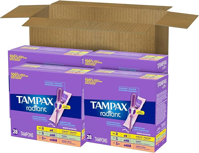 Tampax Radiant Tampons for Women Multipack,with LeakGuard Braid,Regular/Super/Super Plus Absorbency,Unscented,112 Count (Pack of 2)