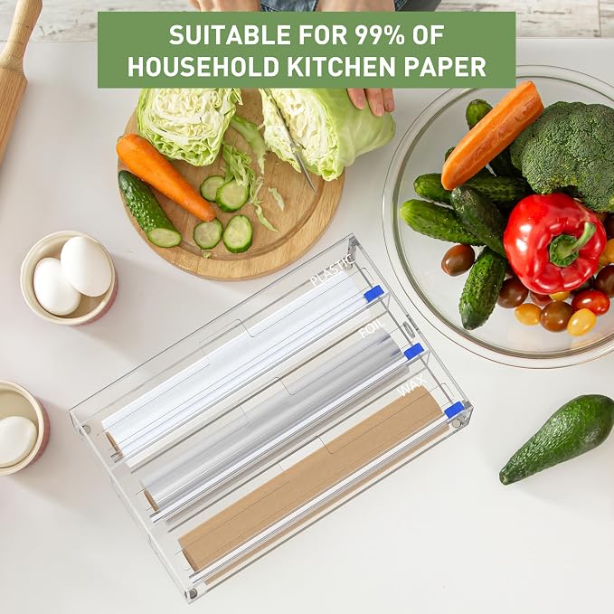 Kitchen Wrap Organizer, Foil and Plastic Wrap Organizer 3 in 1 with Sliding Cutter, Acrylic Wrap Dispenser for Drawer or Wall Mount, Fits 12 Inch Rolls
