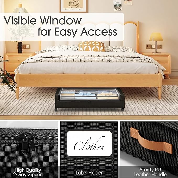 Yecaye 60 L Under Bed Storage with Wheels, 2 Pack Under Bed Storage Containers, Underbed Shoe Storage with Clear Window & Label, Rolling Under Bed Metal Drawer for Clothes, Shoes, Books, Black