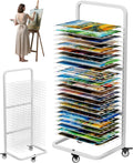 Art Drying Rack with 25 Removable Shelves, Mobile Metal Paint Drying Stand with Lockable Wheels, Functional Canvas Rack Art Storage for Artwork in Classrooms, Art Studios and Schools, White