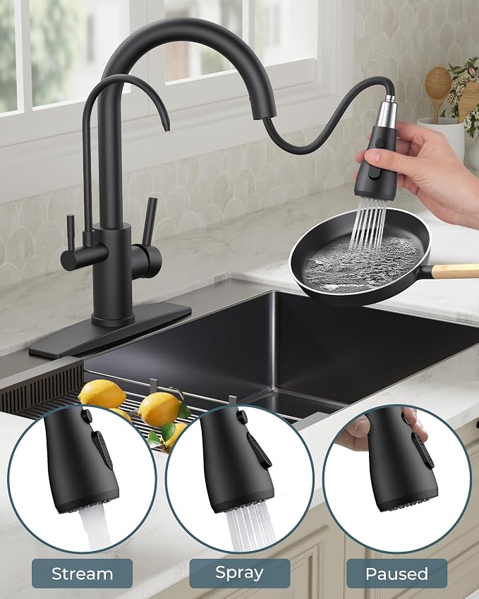 FORIOUS Black Kitchen Faucets with Water Filter, 2 in 1 Stainless Steel Pull Down Sink Faucet and Purified Water Faucet Rustic High Arc Single Handle with Detachable Deck for 1 or 3 Hole