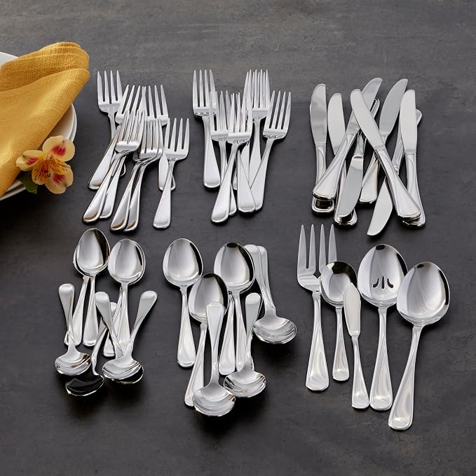 Oneida Silverware Set For 12, Flight 65-Piece Everyday Flatware Set with Serving Utensils, Service For 12, 18/0 Stainless Steel, Mirror Finish, Dishwasher Safe, Light Weight, Dining (Silver, 65 Piece)