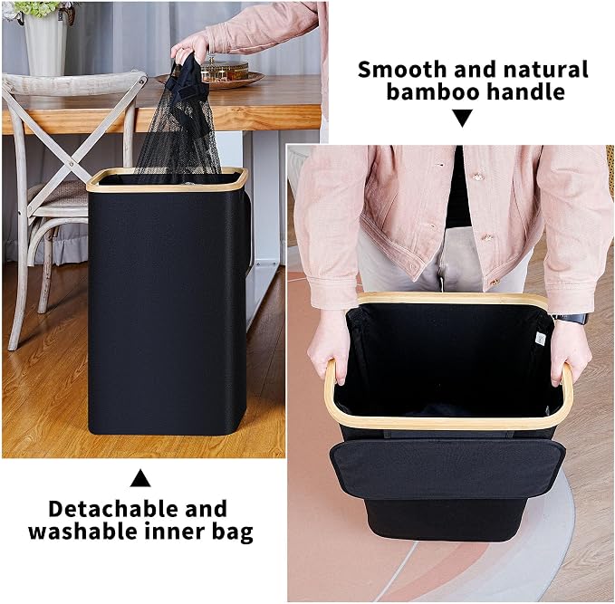 iEGrow 75L Slim Laundry Hamper, Narrow Laundry Basket with Lid,Foldable Clothes Hamper with Bamboo Handles,Hamper Basket with Removable Inner Bag for Laundry Room Bedroom College Dorm,19.8 Gals Black