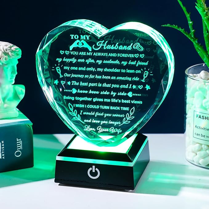 YWHL Gifts for Husband from Wife with Colorful LED Base Anniversary Birthday Gifts for Husband to My Husband Crystal Heart keepsake I Love You Gifts for Him on Valentine Christmas Fathers Day