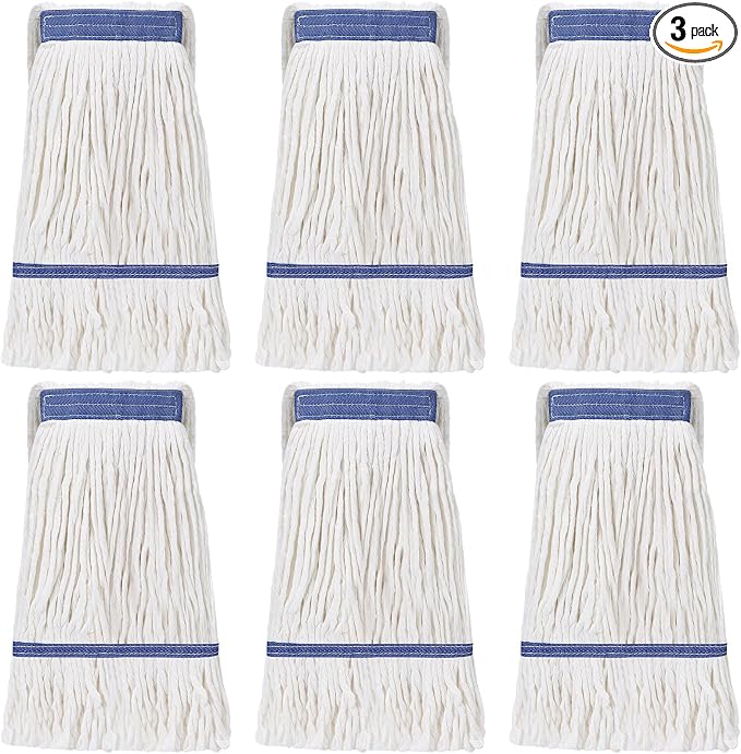 Eccliy 3 Pack Commercial Mop Heads Replacement Heavy Duty 18 oz Loop End Cotton String Wet Mop Refills Washable Absorbent Reusable for Industrial Home Tile Wood Concrete Floor (White,Blue)