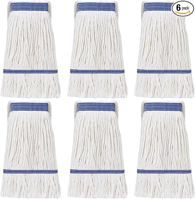 Eccliy 6 Pack Commercial Mop Heads Replacement Heavy Duty 18 oz Loop End Cotton String Wet Mop Refills Washable Absorbent Reusable for Industrial Home Tile Wood Concrete Floor (White,Blue)