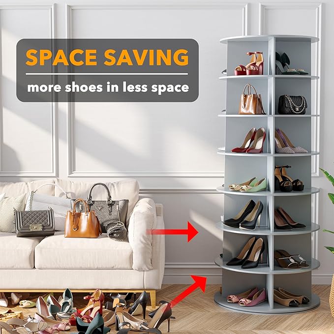 SpaceAid 7 Tier Rotating Shoe Rack Tower, Spinning Shoe Display Lazy Susan, Revolving 360 Shoe Rack Storage Round Carousel, Vertical Handbag Rotate Shoes Closet Organization (7-Tier Gray)