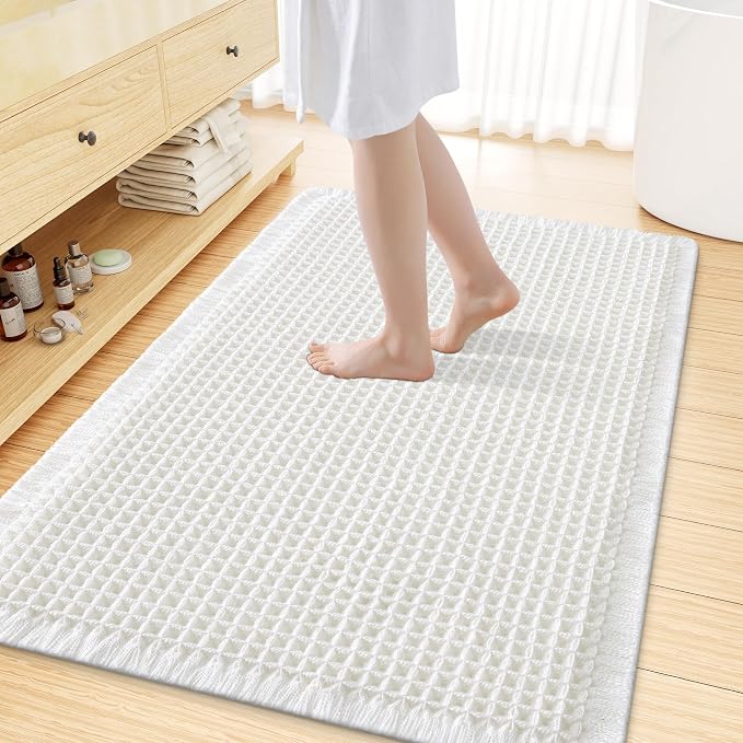 Smiry Waffle Bath Mat 59x35, Extra Soft Absorbent Bathroom Rugs, Non Slip Machine Washable Quick Dry Bath Rugs for Bathroom Floor, Tub, Shower, Home Decor Accessories, White