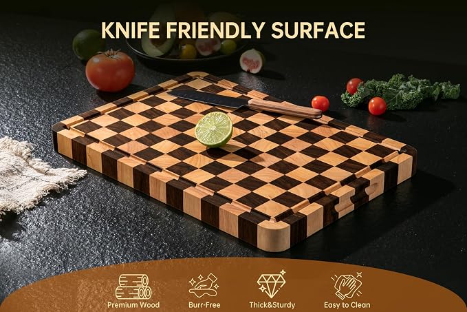 Cutting Boards for Kitchen, Checkered Cutting Board, 1.2" Thick | 16.5" x 11.6" Walnut Wood Chopping Board with Juice Groove&Handle, Double-sided Butcher Block for Prep&Serving with Gift Box