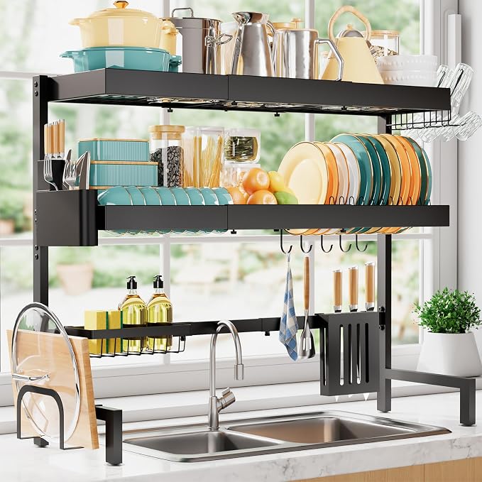 Sakugi 3-Tier Dish Drying Rack Over The Sink, Expandable for Counter | Rustproof Stainless Steel Kitchen Storage Organizer, Space-Saving 31.5"–39.5"Lx12"Wx33"H, Black