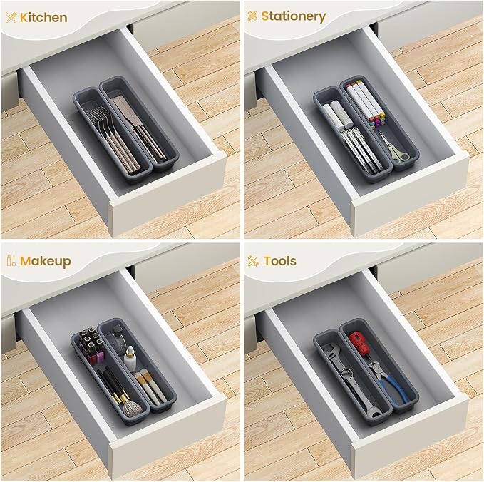 2 Pack Silicone Silverware Drawer Organizer, DIY Free Combination Kitchen Drawer Organizer, Utensil Organizer, Moisture-proof and Heat-resistant up to 200°C, Anti-slip Design (Grey)