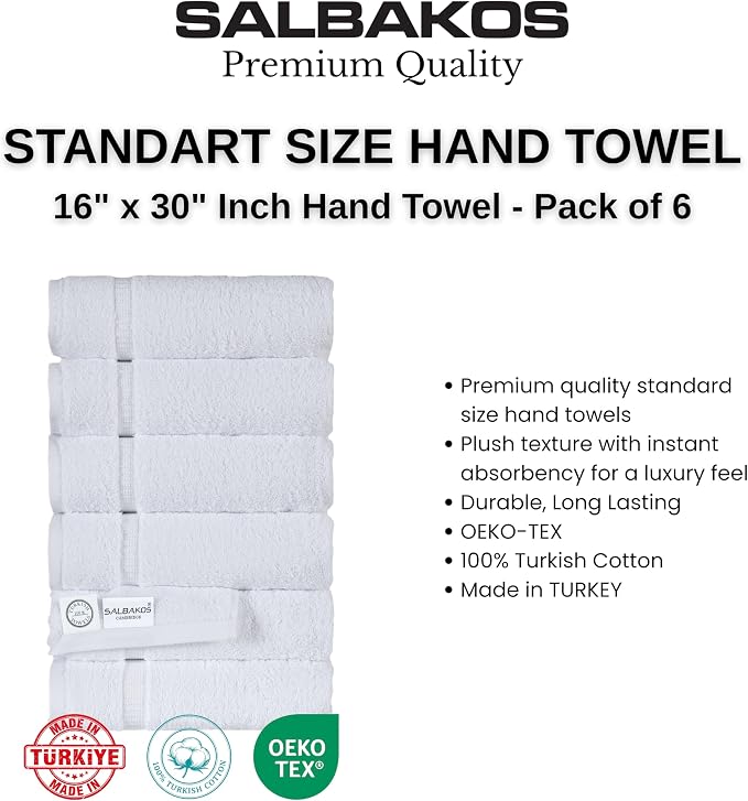 SALBAKOS 6-Piece 100% Turkish Cotton Hand Towels, 16x30 inch, White | Large Size Thick Super Soft Highly Absorbent, Versatile Hair Face & Hand Drying Towel, Premium Hotel Quality Made in Turkey