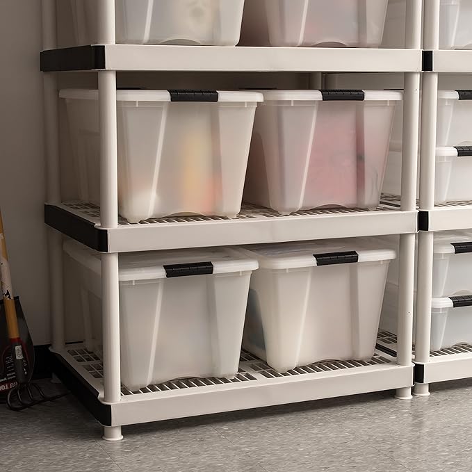 IRIS USA 54 QT Plastic Storage Box with Lid and Latches - 4 Pack - BPA-Free, Discreet Organizing Solution, Durable Nestable Stackable Containers, Secure Pull Handle - Pearl