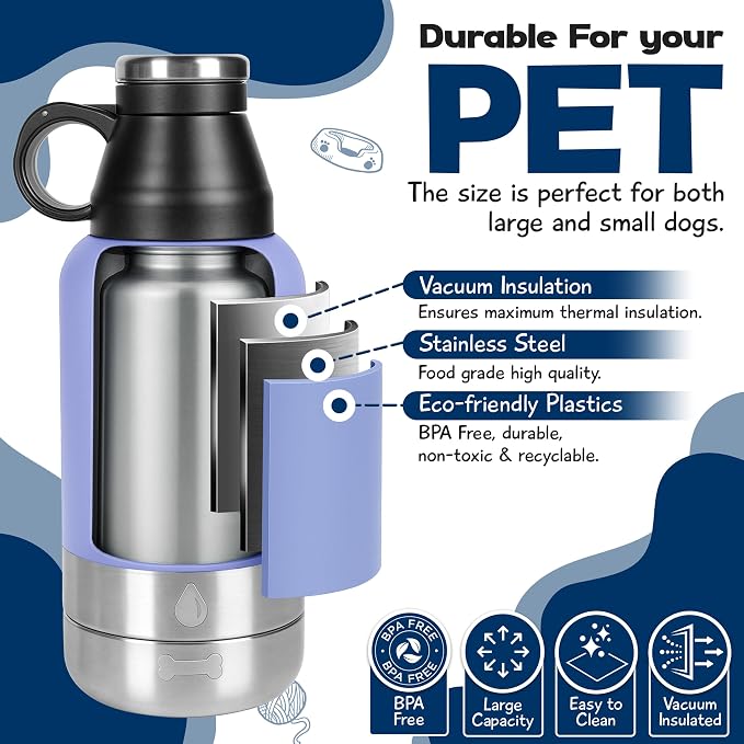 Portable Dog Water Bottle with 2 Removable Water Bowls for Dogs – Leak-Proof Insulated Stainless Steel Dog Water Bottle – Travel Accessories for Dogs - 32oz - Lavender