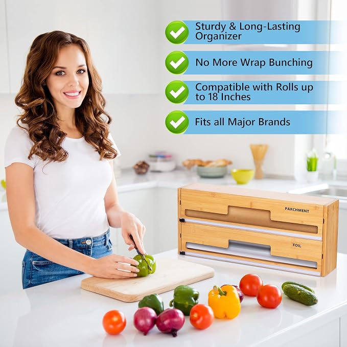 18 Inch Large Foil Wrap Dispenser with Cutter, 2 in 1 Aluminum Butcher Parchment Paper Freezer Tin Wax Cling Foil Plastic Wrap Organizer for Kitchen Drawer Bamboo Saran Storage Roll Holder