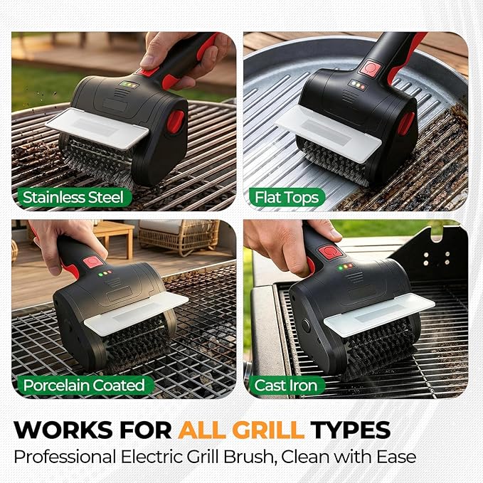 Auto Dynasty Cordless Electric Grill Brush, 304 Stainless Steel BBQ Brush with Rotating Scrub Head, Rechargeable, Type-C Fast Charging for Gas/Charcoal/Outdoor Grill, Red/Black