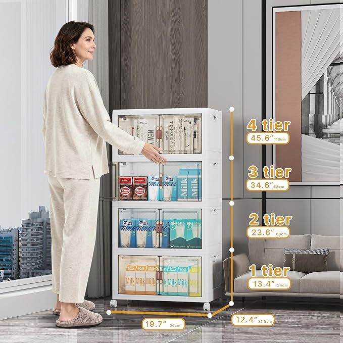 Stackable Storage Bins, 416QT Collapsible Drawers with 2 Lids | Large Capacity, Magnetic Door, Stack Lock, Rolling Wheels, Foldable Design, Organizers and Storage for Bedroom Dorm Garage
