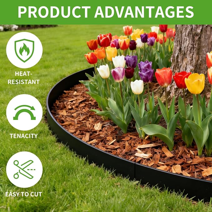 Kryonix 4 in x 33 ft Landscape Edging with Stakes | Flexible plastic no-dig garden edging with 30 stakes. Easy install for lawns, flower beds & landscaping.