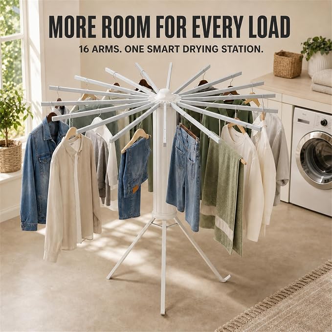 Clothes Drying Rack Foldable, Portable Laundry Drying Rack for Clothes with 16 Aluminum Rods & 48 Windproof Slots, Collapsible Tripod Dry Rack for Apartment, RV, Balcony