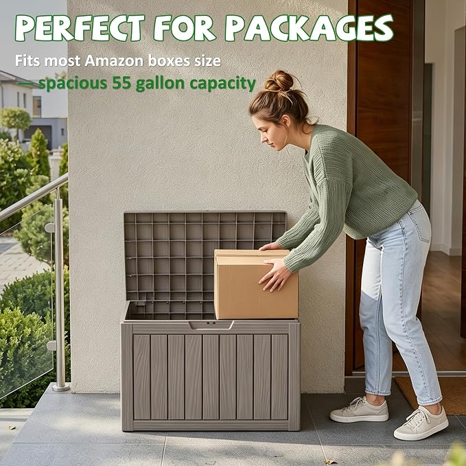 DRATO 55 Gallon Outdoor Storage Box Waterproof, Lockable Resin Deck Boxes | Weatherproof Patio Furniture, UV-Resistant Pool Supplies & Garden Tools, Backyard, Porch, Easy Asembly, 300lbs, Grey