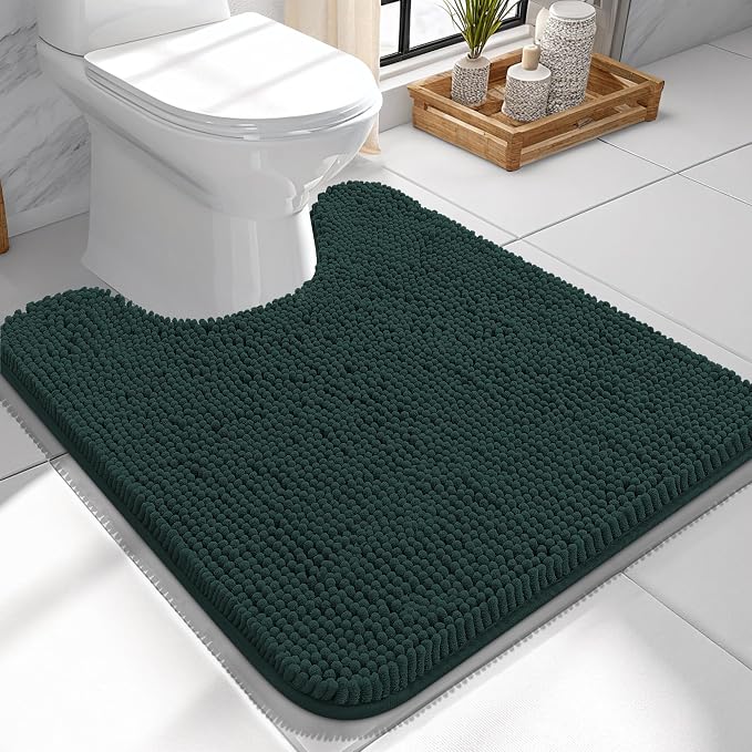 OLANLY Toilet Rugs U-Shaped 24x24, Extra Soft Absorbent Chenille Contour Bathroom Rugs for Toilet, Dry Quickly, Machine Washable, Non-Slip Bath Mat, Blackish Green