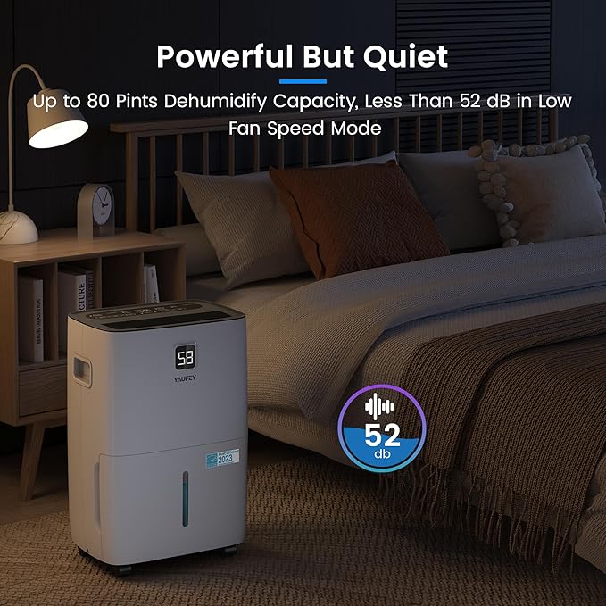 Yaufey 80 Pints Energy Star Dehumidifier for Home, Basement and Large Room up to 6000 Sq. Ft., with Drain Hose, Timer, Intelligent Humidity Control and Large Water Tank