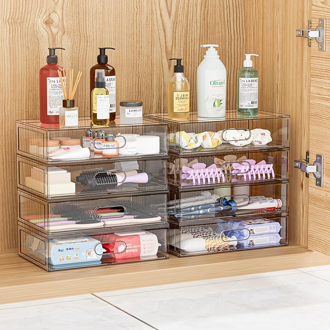 Clear Stackable Makeup Organizer with Drawer, 12''W Acrylic Storage Drawers, Cosmetic Display Case for Vanity Bathroom Countertop, Beauty Holder for Lipstick Brush Skincare Perfume (5 Pack)